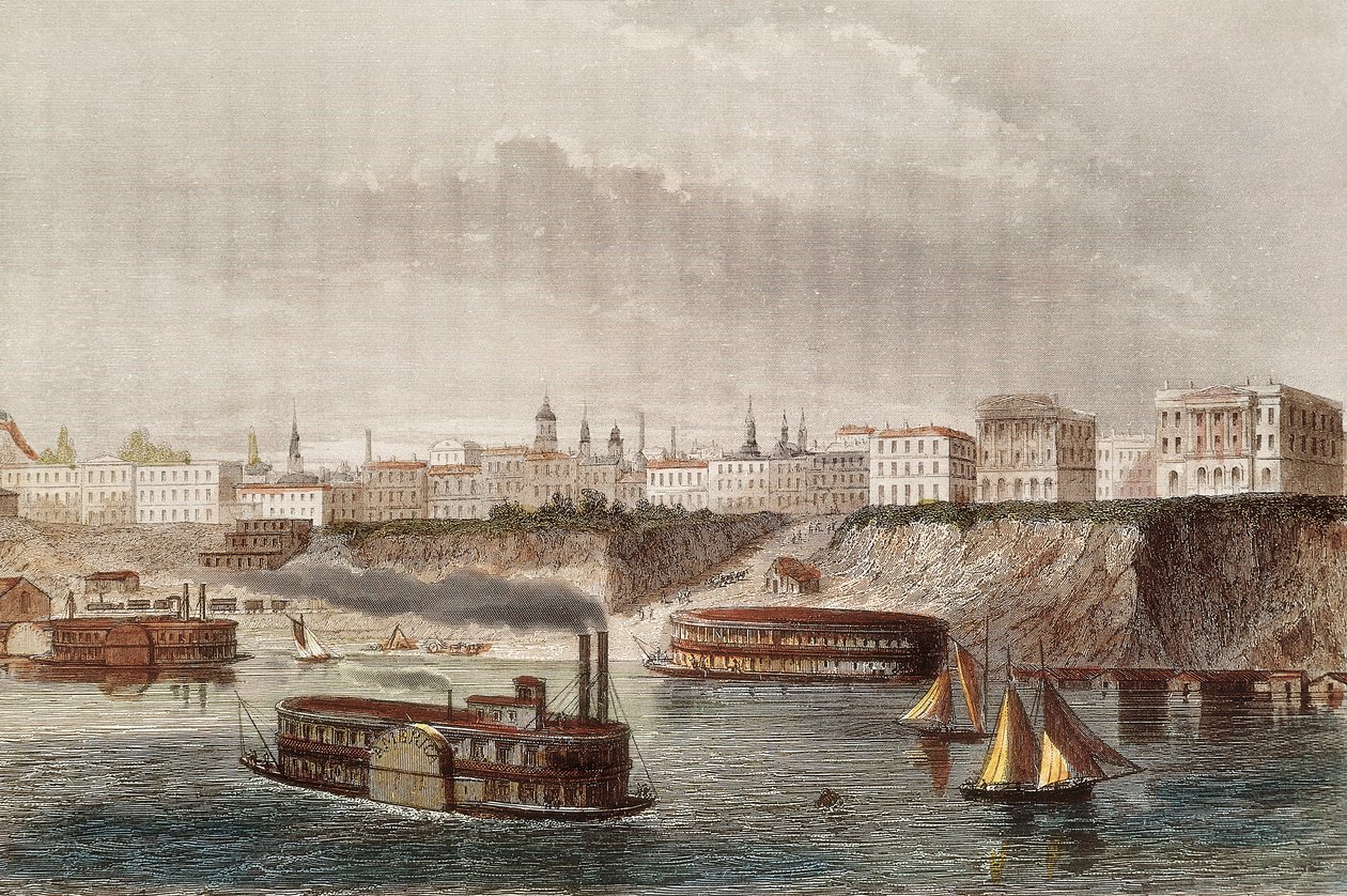 "" Utsikt över staden Cincinnati och floden med samma namn i Ohio "" Ång- och hjulbåtar seglar. Gravyr av 1800-talet av Unknown artist