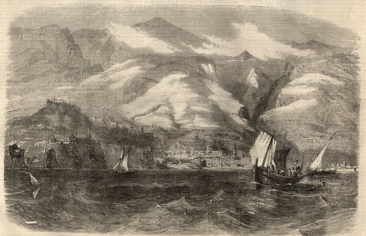 Utsikt över staden Funchal på ön Madere (Madeira) i Portugal. Gravyr i "" The Illustrated London News"" av 29 februari av Unknown artist