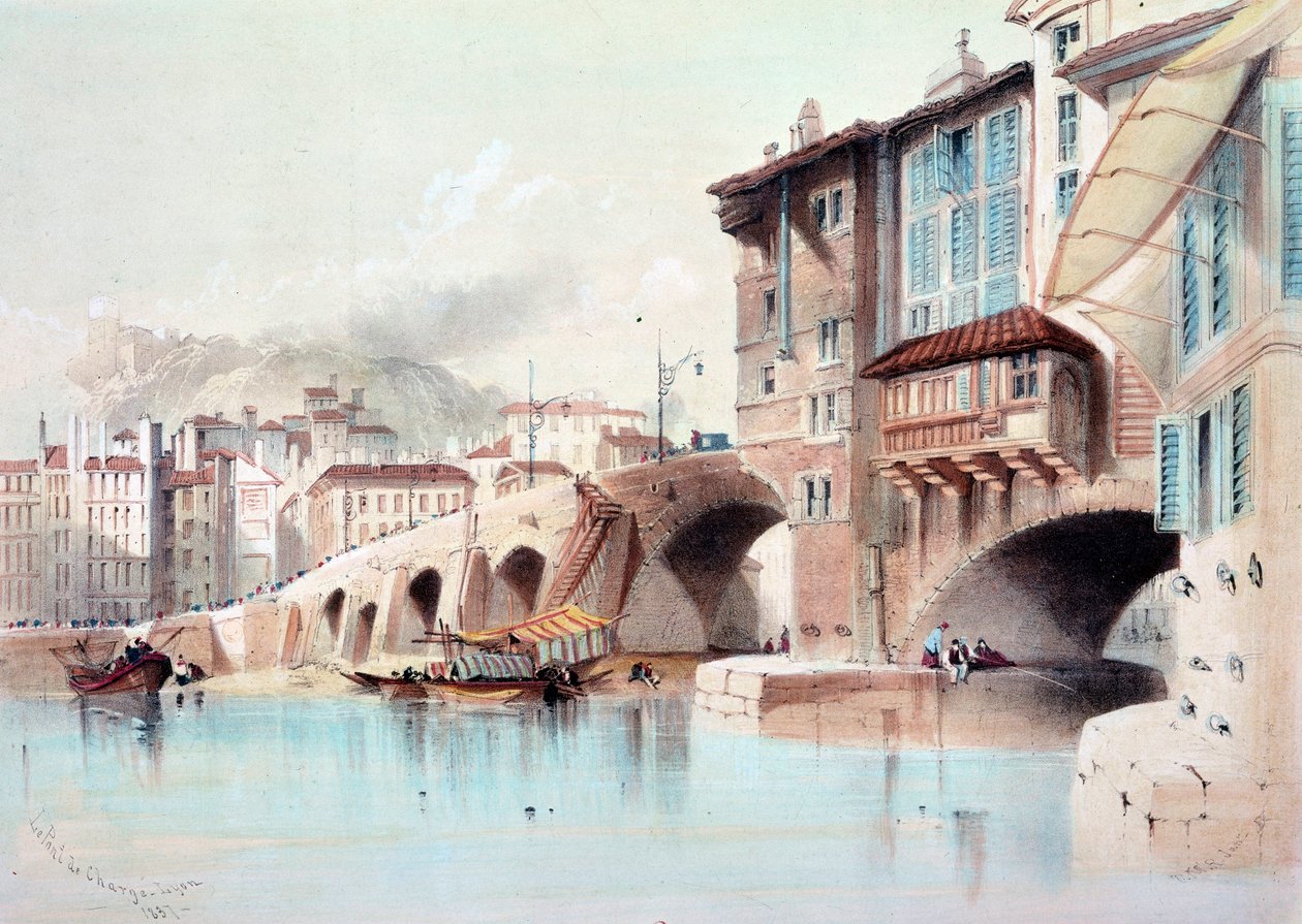 Utsikt över staden Lyon och Pont de Charge. Akvarell från 1837. Paris, B.N. av Unknown artist