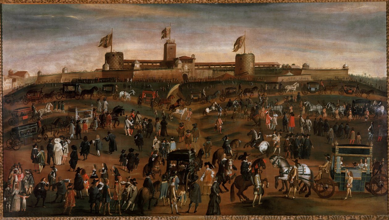 Utsikt över staden Milano, över slottet Sforza (castello Sforzesco) och trafiken av vagnarna Anonym målning runt 1660-1670 Milano, museo di Milano av Unknown artist