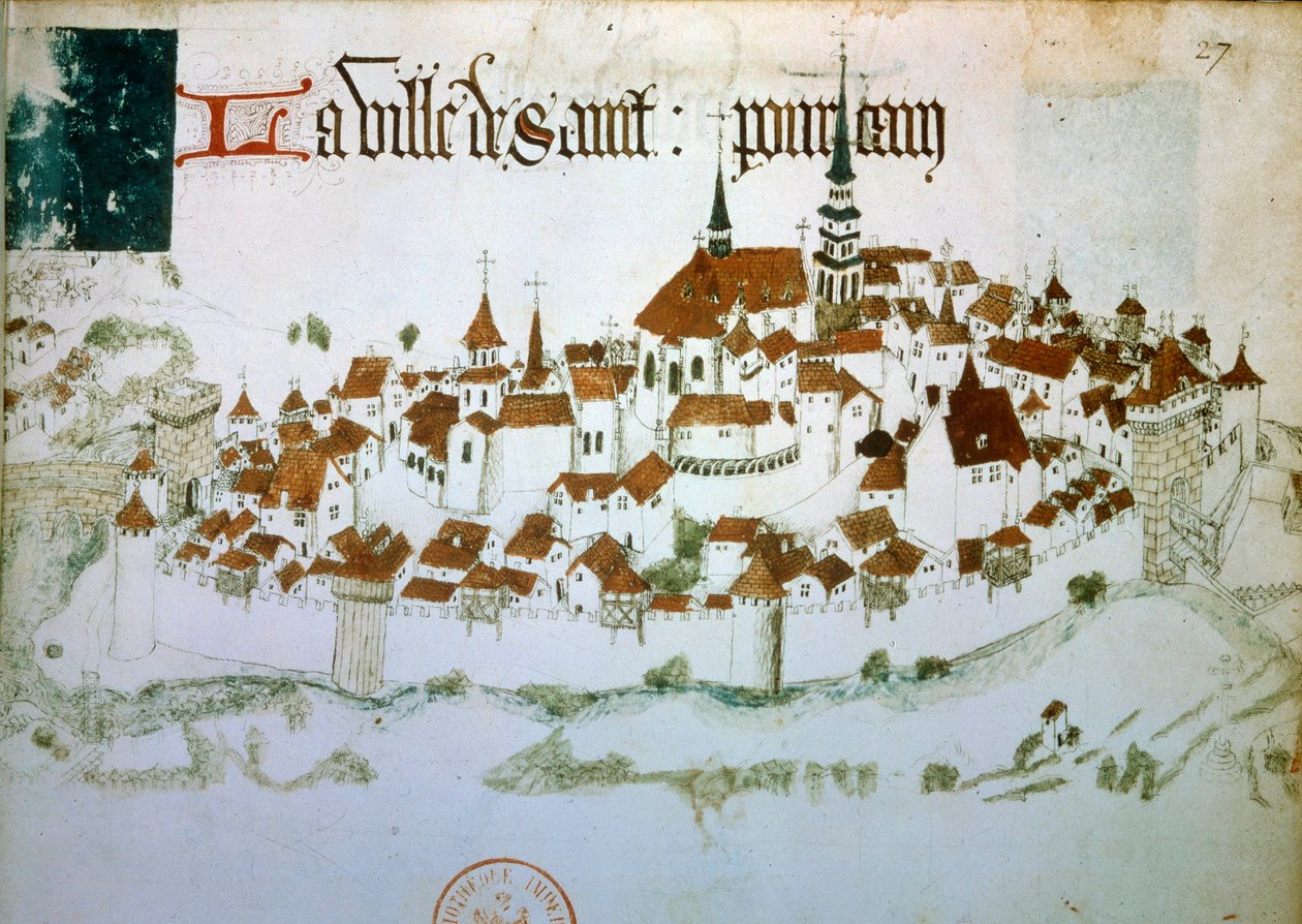 Utsikt över staden Saint Pourcain sur Sioule i Allier i Auvergne. Miniatyr från ett 1400-talsmanuskript. B.N. Paris av Unknown artist
