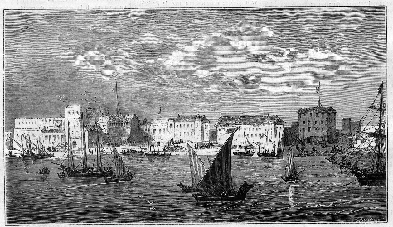 Utsikt över staden Zanzibar i Afrika. Till vänster det franska konsulatet. Till höger, sultanens palats och arsenalen. Gravyr i "The Universe illustrious" av Unknown artist