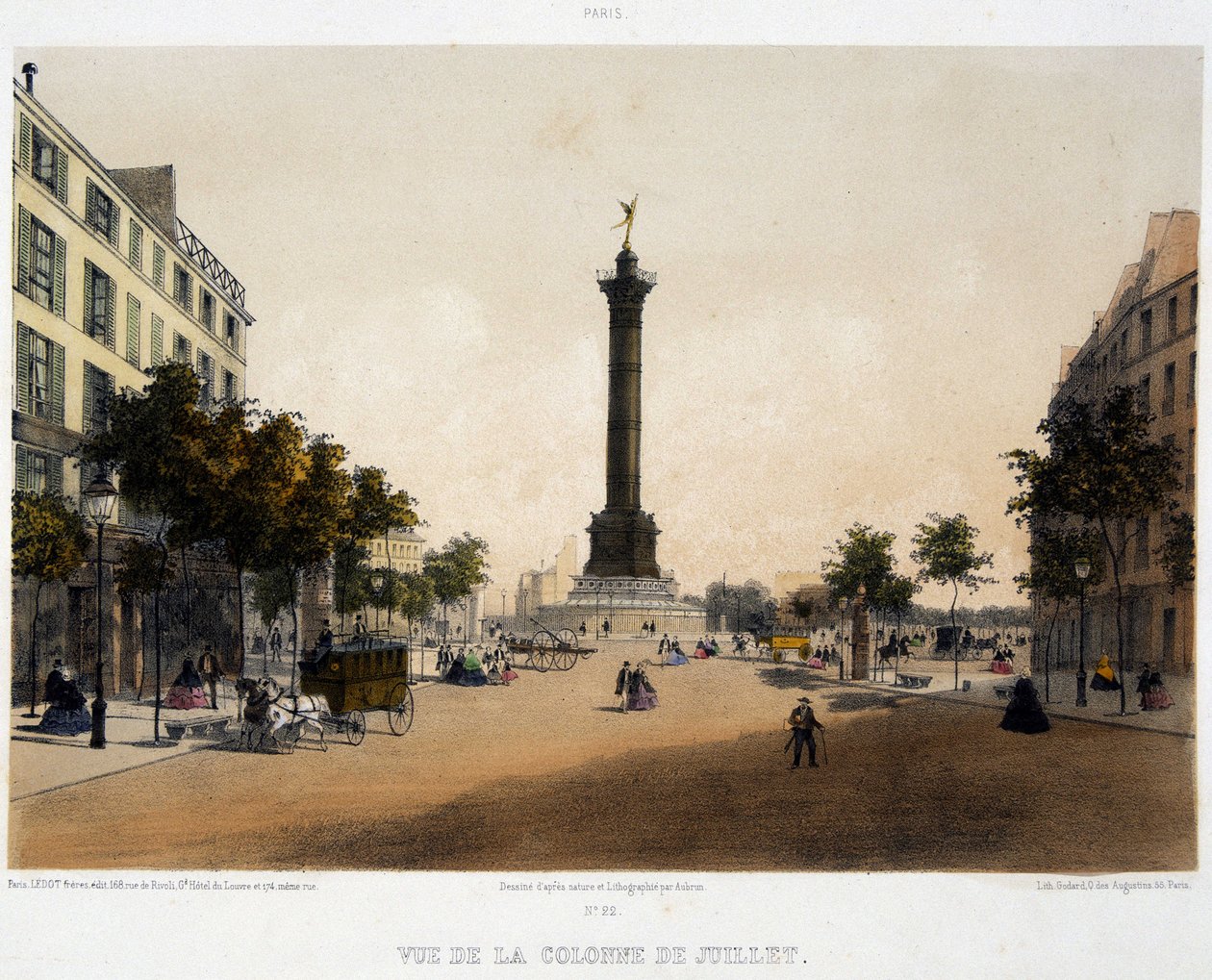 Vy över kolonnen i juli (Place de la Bastille) från Boulevard Beaumarchais - litografi av Unknown artist