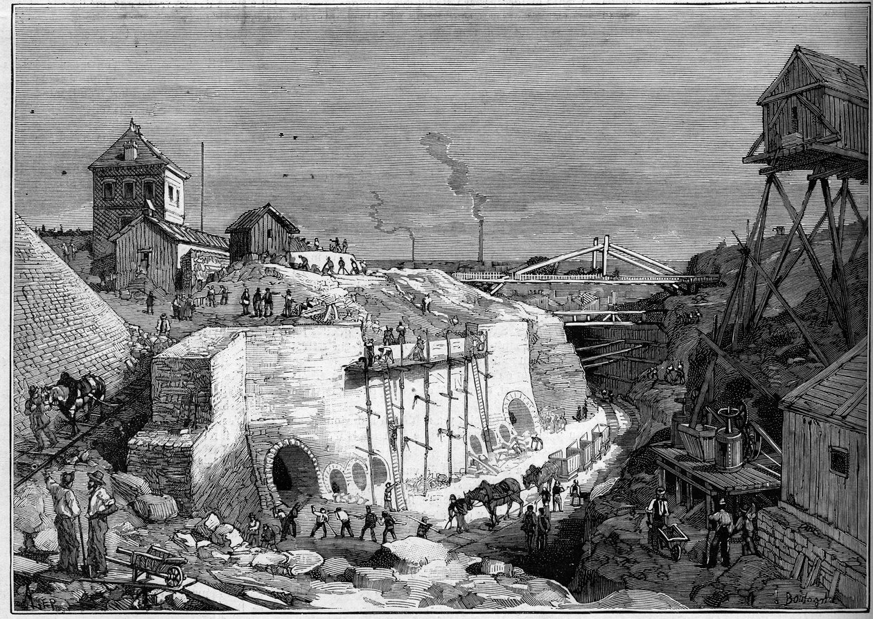 Utsikt över byggarbetsplatsen för Villejuifs dricksvattentankar. Gravyr i "" Le Monde Illustré"" nr 1300 den 25 februari av Unknown artist