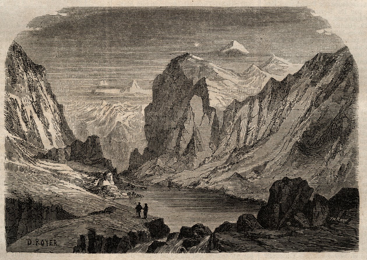 Utsikt över landet Davos i Schweiz på 1800-talet - gravyr i "" Dictionnaire populaire illustrious" - 1864 - av Joseph Decembre och Edmond Allonier - av Unknown artist