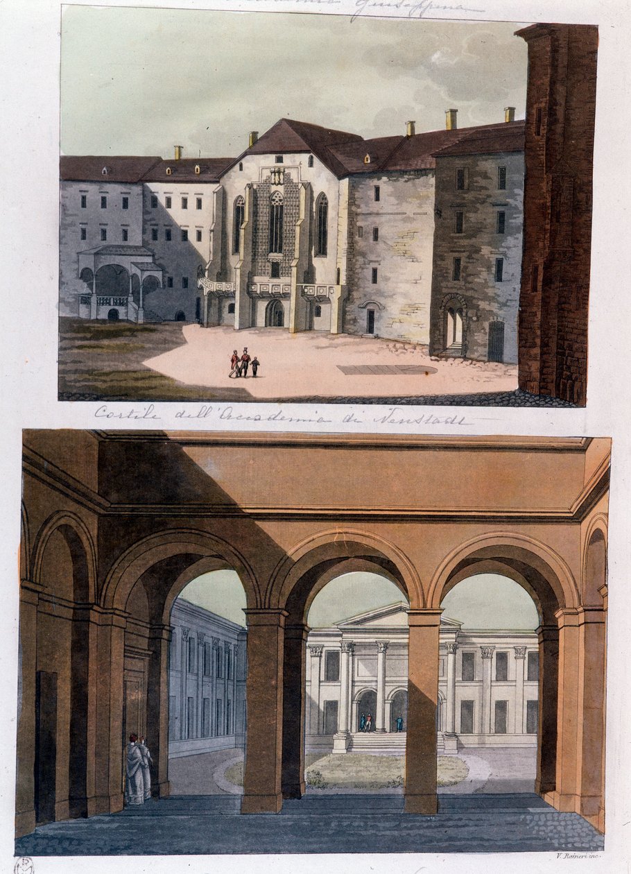 Utsikt över innergården till Academie de Neustadt och de offentliga baden i Wien. Österrike Gravyr från 1826 privatsamling av Unknown artist