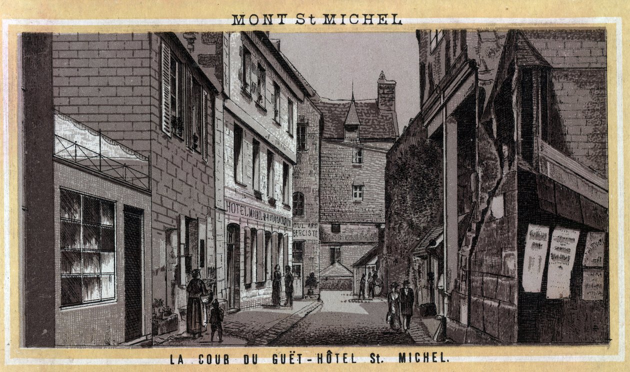 Utsikt över innergården till Guet Hotel (Guet-Hotel) på Mont Saint Michel, Manche, Normandie. Kromolitografi från slutet av 1800-talet. av Unknown artist