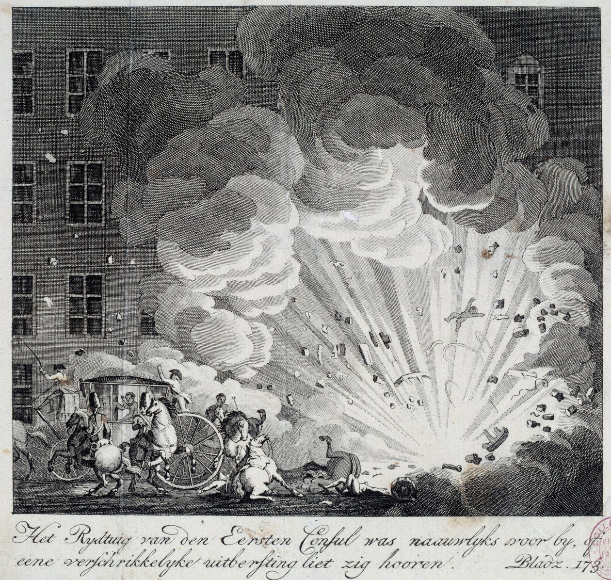 Vy över explosionen av den infernaliska maskinen på rue Saint Nicaise i Paris på 3:e nivose an IX. Infernalmaskinens konspiration är en konspiration för att döda Napoleon Bonaparte, den nye förste konsulen efter statskuppen den 18 Brumaire. En in av Unknown artist