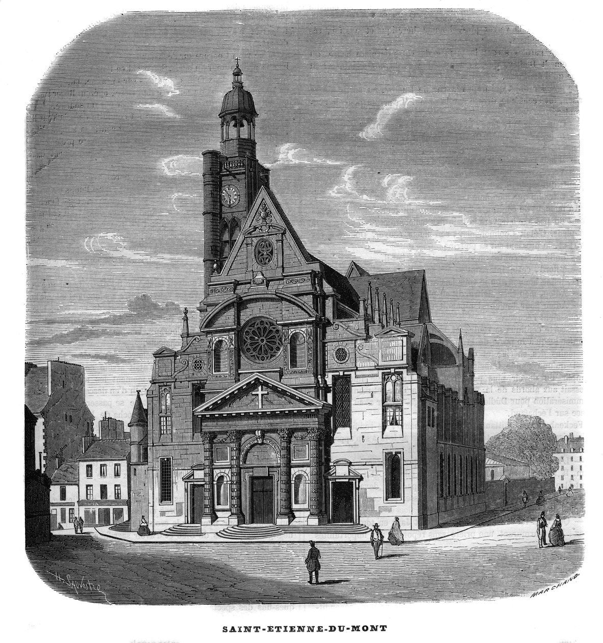 Vy över fasaden av kyrkan Saint-Etienne-du-Mont, Place Sainte-Genevieve (Saint Etienne du Mont) i Paris i det 5:e arrondissementet 1858. av Unknown artist