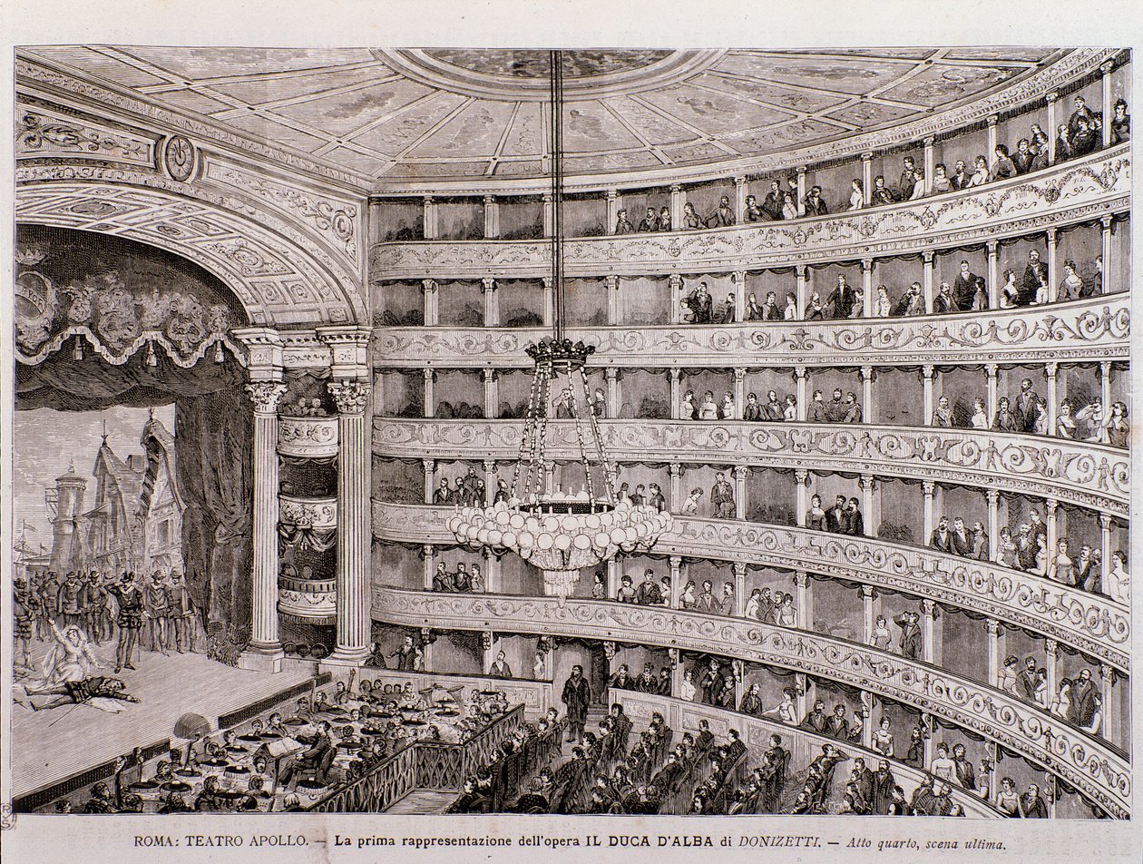 Vy över den första föreställningen av operan Hertigen av Alba, på Teatro Apollo, Rom av Unknown artist