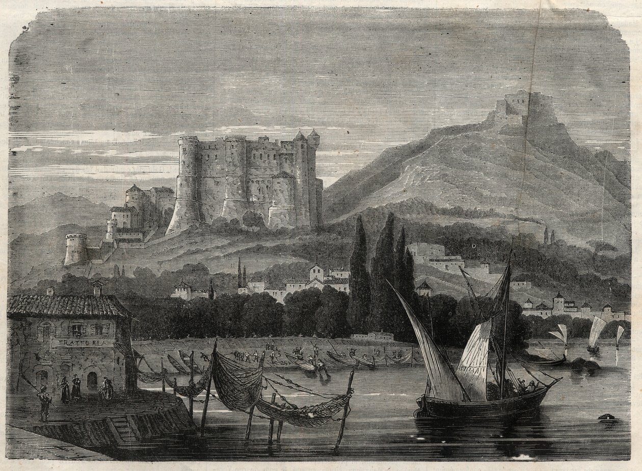 Utsikt över forten i La Spezia i Italien. Gravyr i "The Illustrous Universe" av Unknown artist