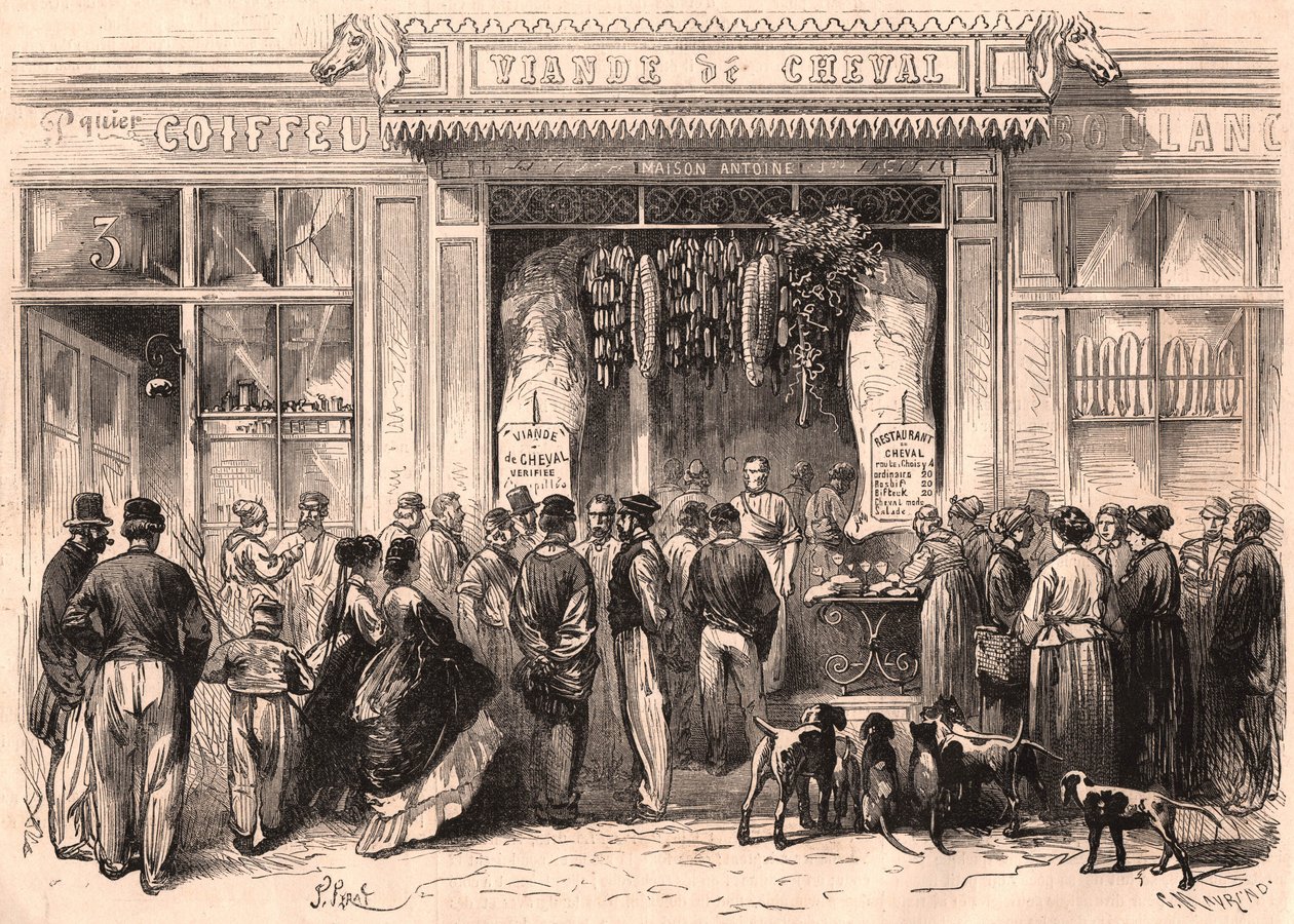 Vy över framsidan av en hästköttsslaktare i Paris, Frankrike av Unknown