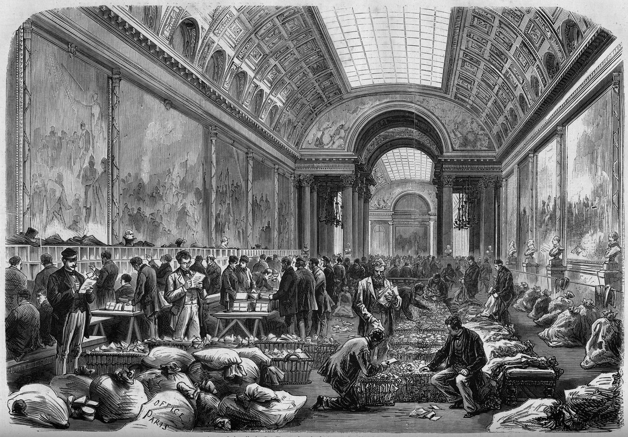 Utsikt över galleriet över striderna vid slottet i Versailles, där postkontoret är installerat av Unknown artist
