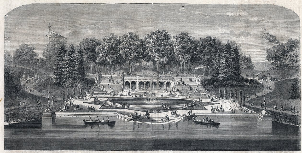 Utsikt över trädgården "" Central Park"" i New York, USA. Arkitektur av Frederick Law Olmsted (1822-1903) och (1824-1895) i distriktet Manhattan. Gravyr i "The Illustrious Universe" av Unknown artist