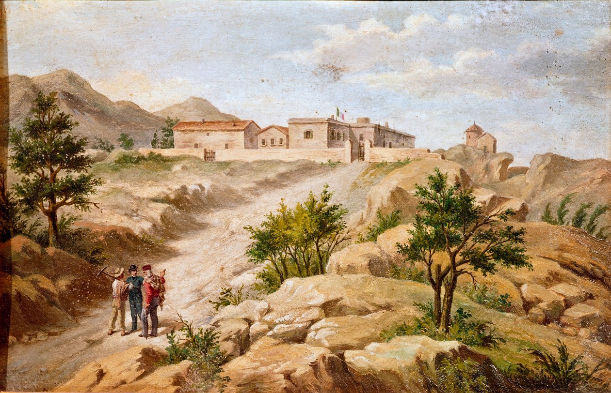 Utsikt över huset till den italienska patrioten och hjältar i Risorgimento Giuseppe Garibaldi (1807-1882) a Caprera (Sardinien) Garibaldi är med två bönder till vänster på bilden. Anonym målning av 1800-talets Rom Museo del Risorgimento av Unknown artist