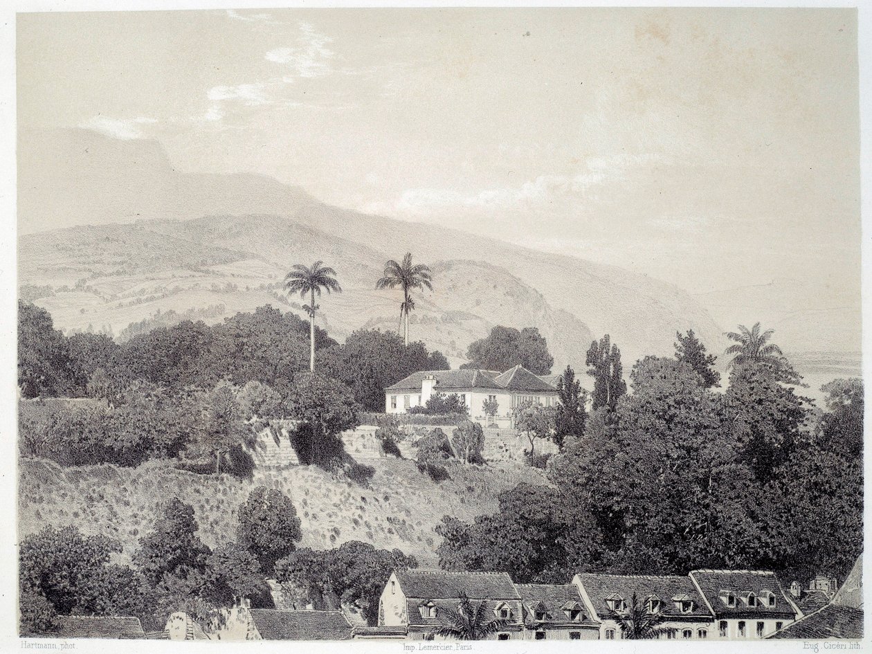 Vy över husen tagna från Boulevard de la Comedie i Saint Pierre på Martinique på Antillerna. Tryck efter fotografi från slutet av 1800-talet Chartres musee des Beaux Arts av Unknown artist