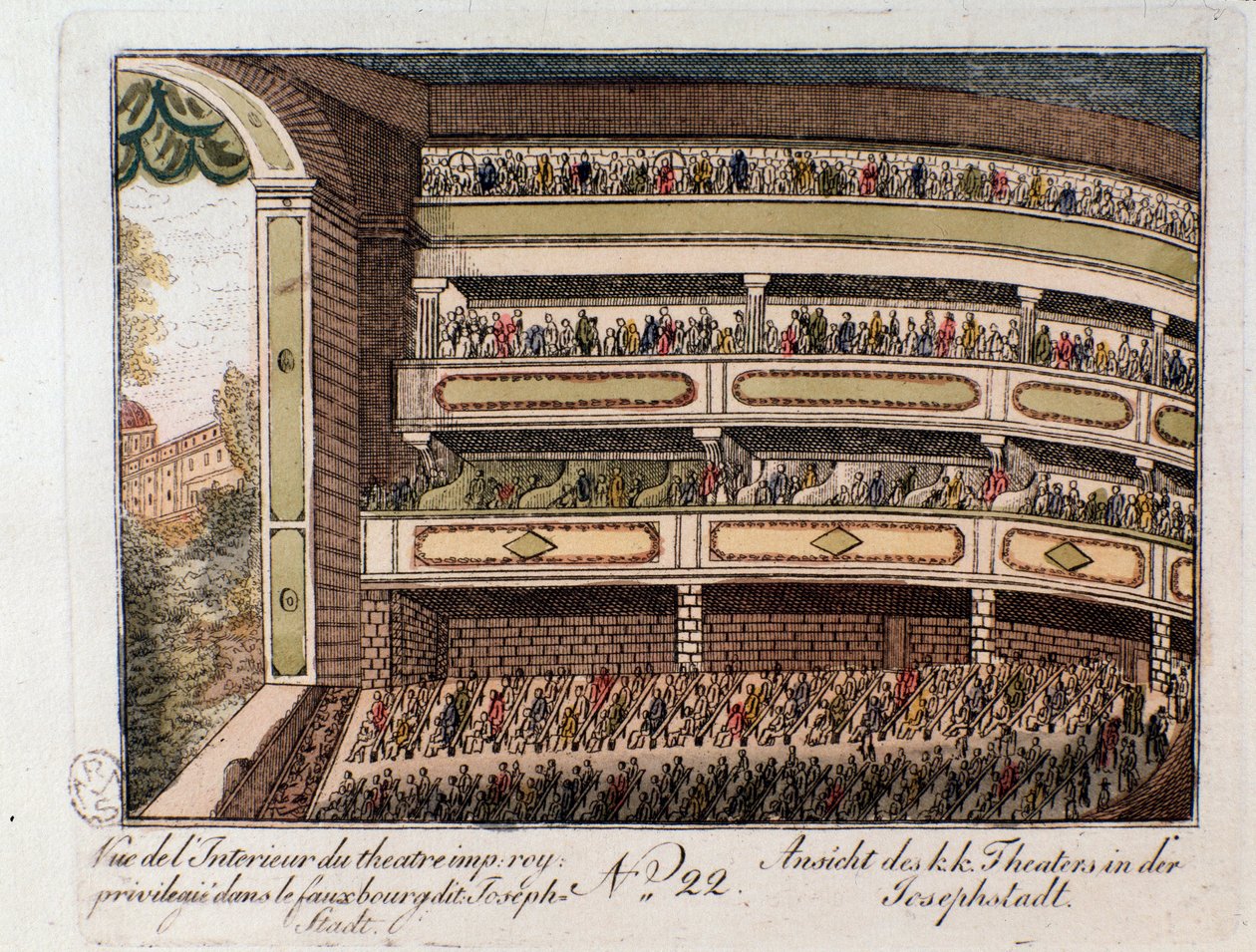 Utsikt över det inre av den kejserliga teatern i Josephstadt-distriktet i Wien. Österrike (interiörvy av den kejserliga teatern i distriktet Josephstadt i Wien, Österrike) Gravyr från 1815 Privat samling av Unknown artist