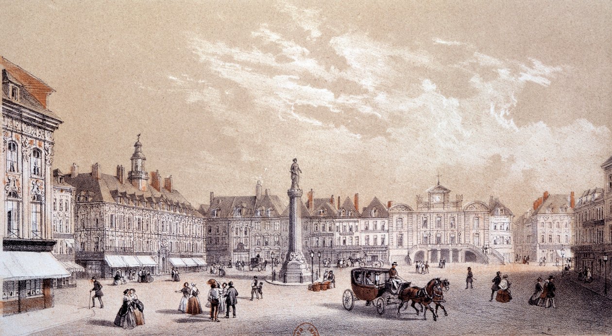 Utsikt över det stora torget i staden Lille. Gravyr av 1800-talets Paris, B.N. av Unknown artist