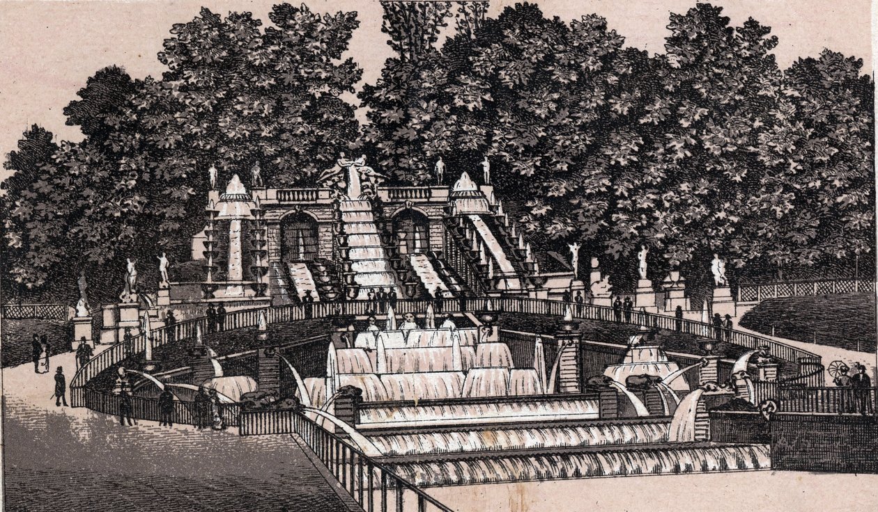 Vy över det stora vattenfallet i parken Saint Cloud (Saint-Cloud), Frankrike. i "" Världen illustrerar 168 vyer"" Odaterat (slutet av 1800-talet) av Unknown artist