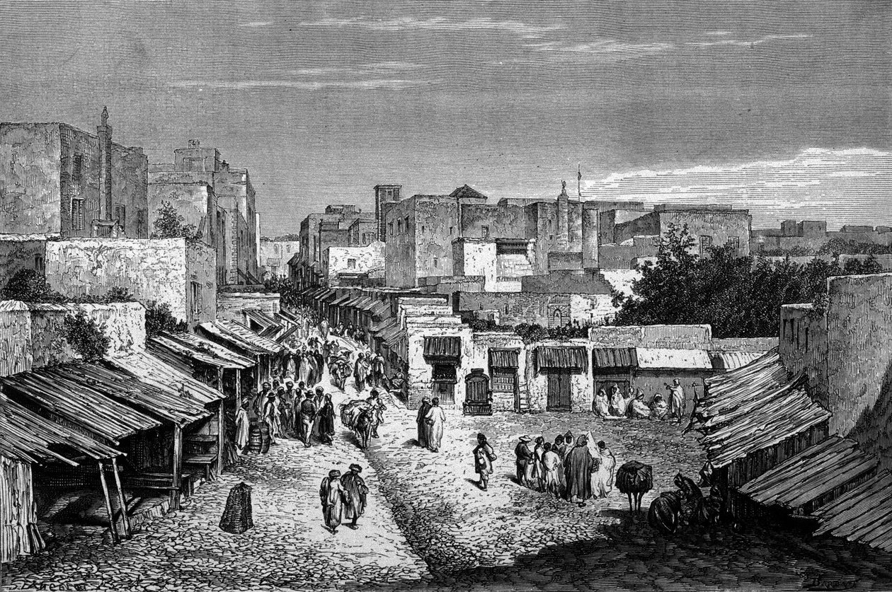 Utsikt över huvudvägen i den befästa staden Tanger och kusten, Marocko. Gravyr av 1800-talet. av Unknown artist