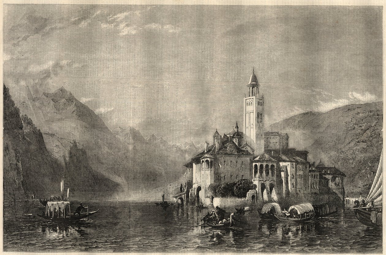 Utsikt över klostret Mater Ecclesiae på ön Saint Jules (Saint Jules) (San Giulio) vid Ortasjön (Lake Cusio) i Italien. Gravyr efter en målning av William Collingwood Smith (1815-1887). I "The Illustrated London News" den 22 mars av Unknown artist