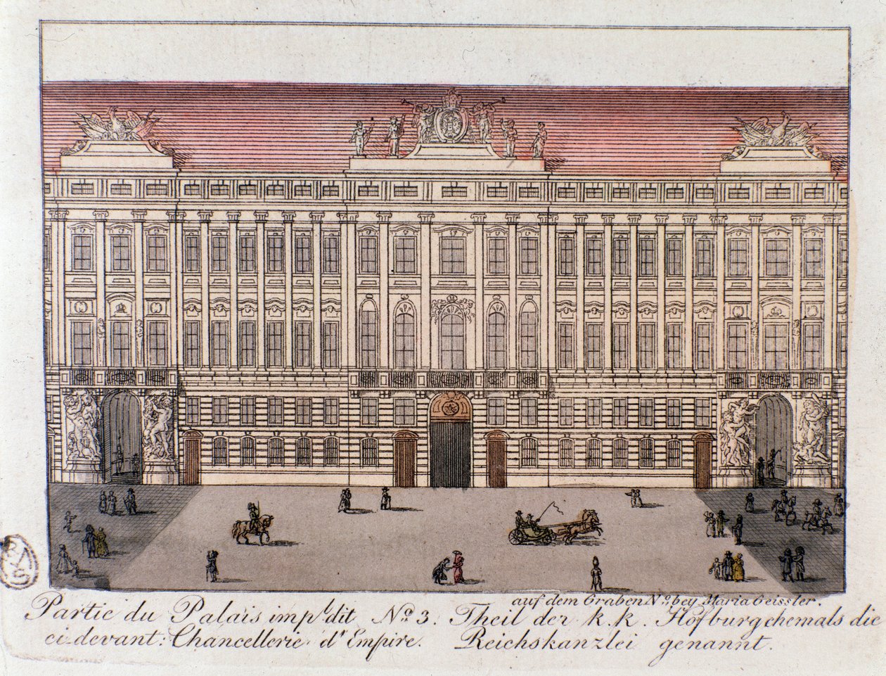 Utsikt över den del av det kejserliga palatset som heter Imperiets kansli i Wien. Österrike. Gravyr från 1815 privatsamling av Unknown artist