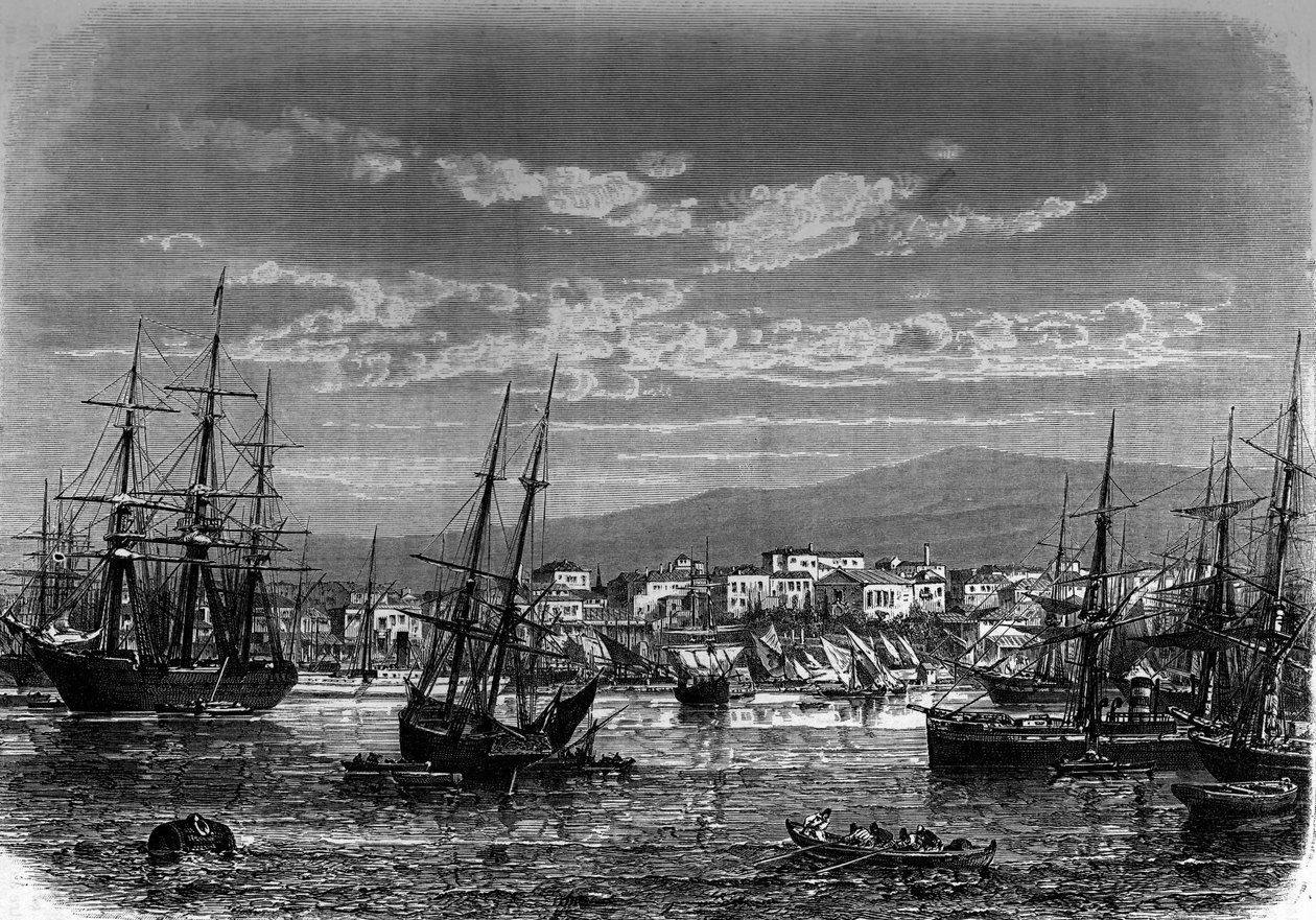 Utsikt över hamnen i Piree i Grekland. Gravyr i "The Journal of Youth" av Unknown artist