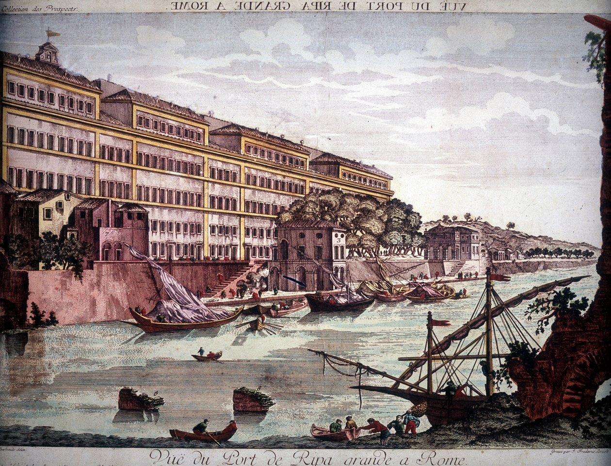 Vy över hamnen i Ripa Grande på Tibern - gravyr av Unknown artist