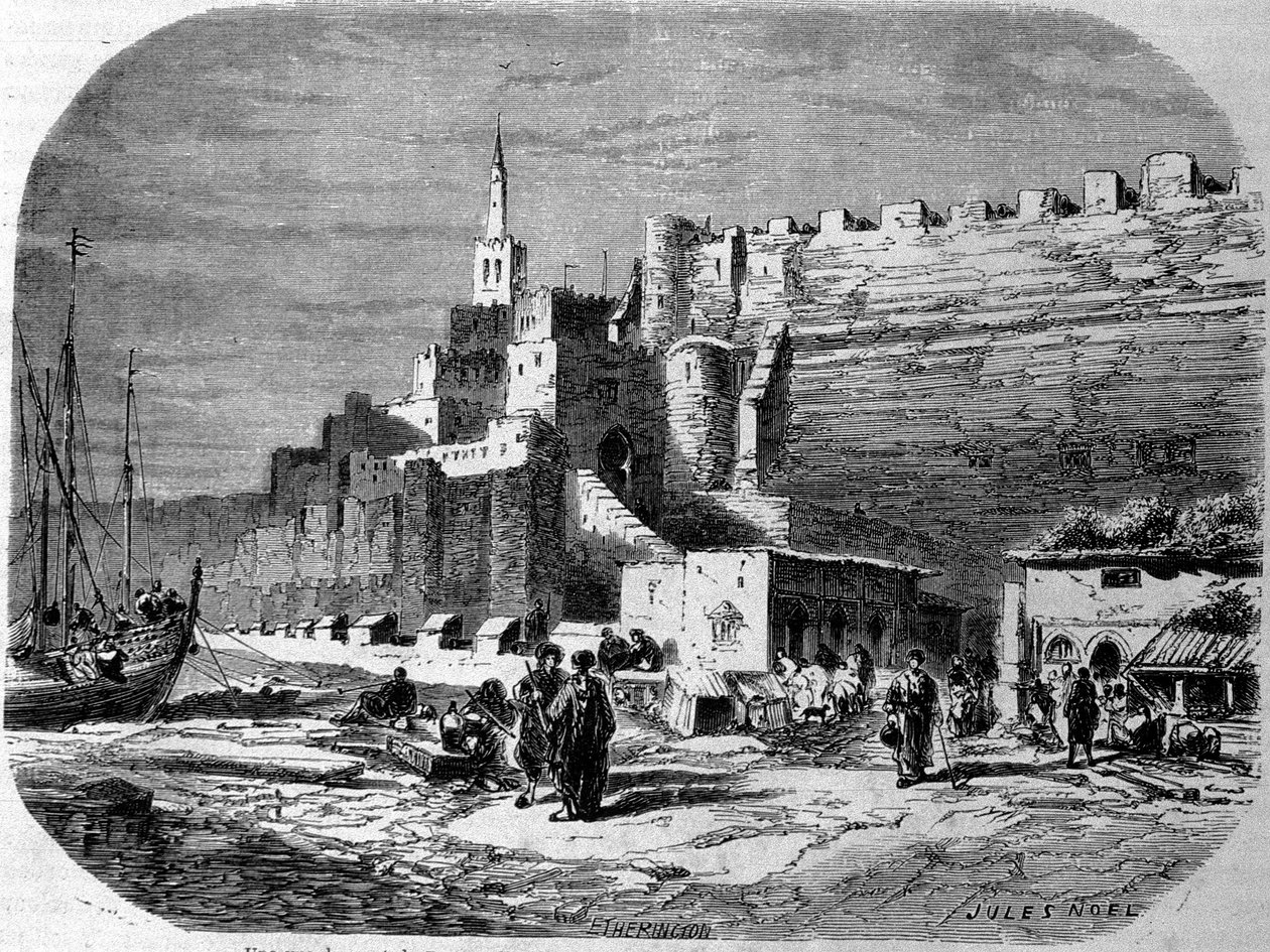 Utsikt över hamnen i den befästa staden Tanger och kusten, Marocko. Gravyr från 1860. av Unknown artist