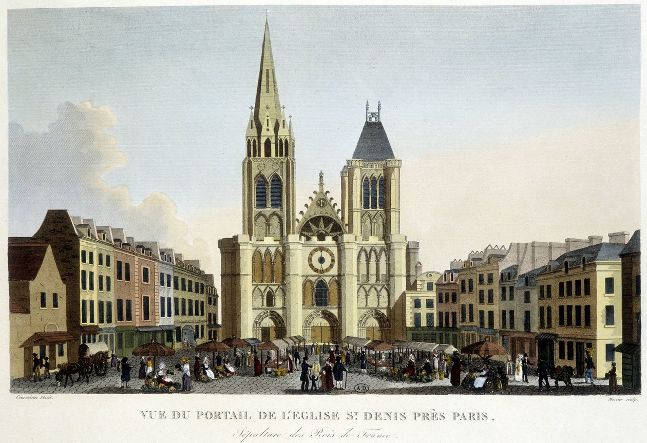 Utsikt över portalen till kyrkan St Denis, nära Paris, begravning av Frankrikes kungar och marknad på torget - i "Paris par Courvoisier"" av Unknown artist