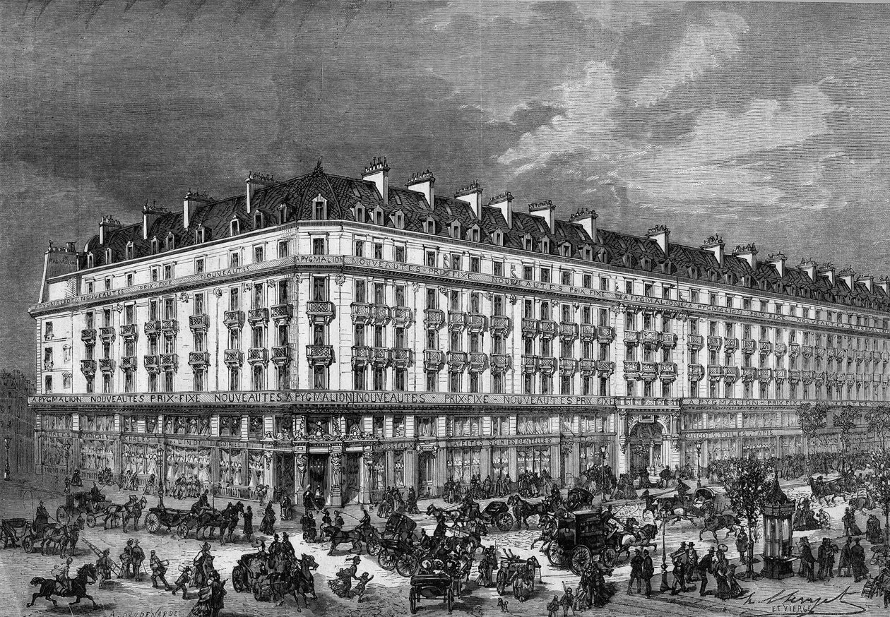 Utsikt över butikerna i "" Pygmalion""" rue de Rivoli och boulevarden Sebastopol i Paris 1872. av Unknown artist