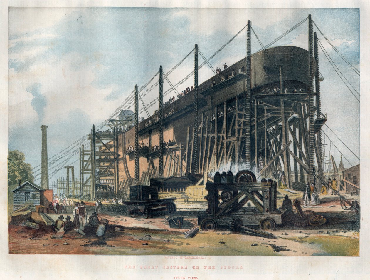 Vy över aktern på det transatlantiska linjefartyget "Great Eastern" (Leviathan) under konstruktion på Thames-varvet i London. Gravyr i "" The illustrated London News "" av den 7 november 1857. av Unknown artist