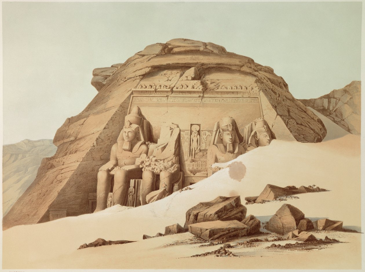 Utsikt över Abu Simbels tempel. Egypten. Illustration av 1800-talet. Paris, Frankrikes college av Unknown artist