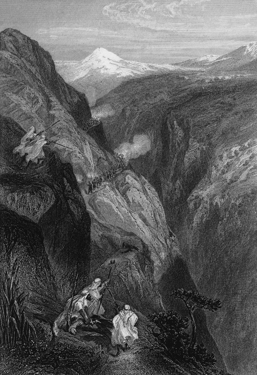 Utsikt över Mouzaìas teniah, passet av berget Atlas som korsades av den franska armén 1830, i Algeriet på 1800-talet, i "L
