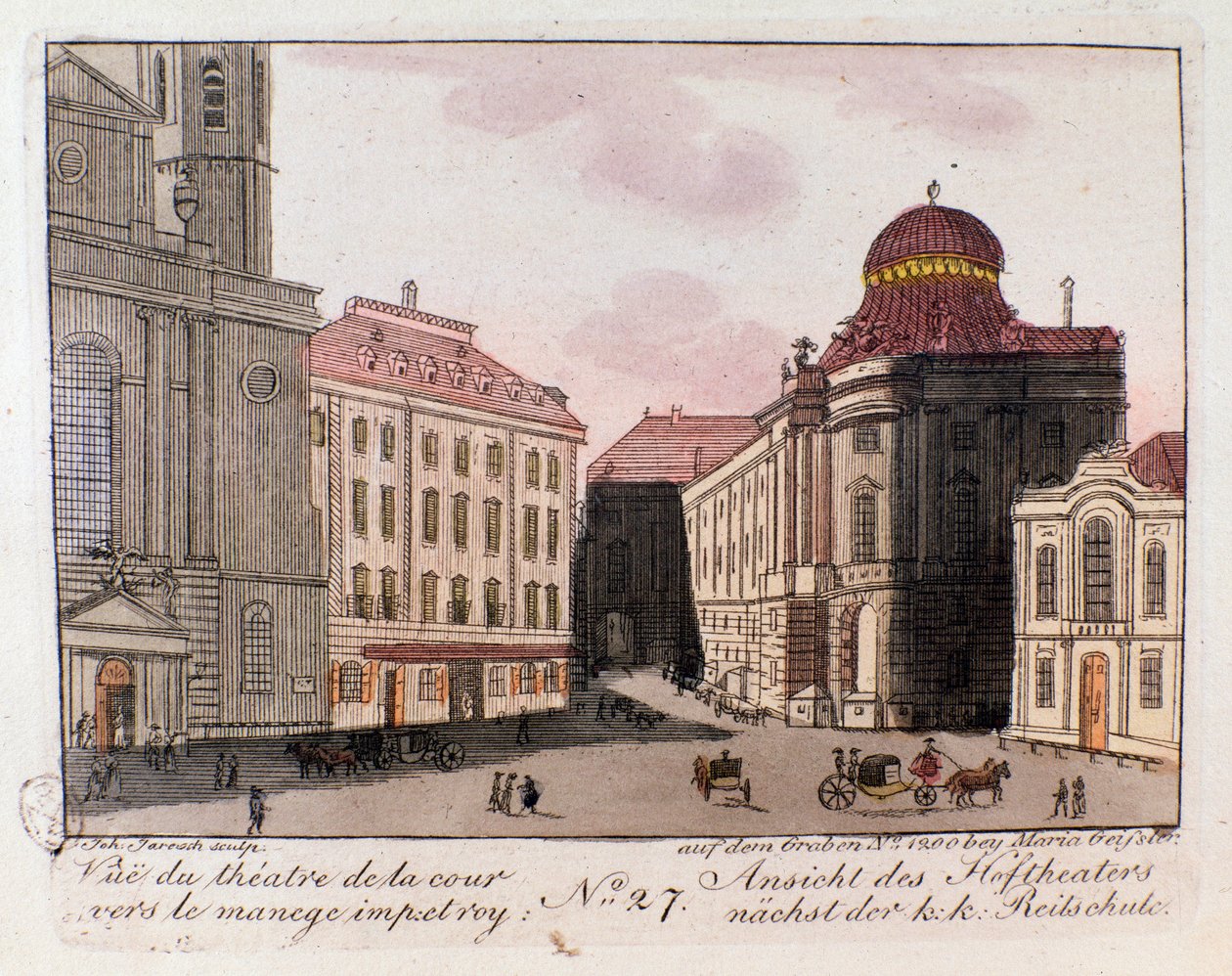 Utsikt över teatern och innergården mot den kejserliga manegen i Wien, Österrike. Gravyr från 1815 privatsamling av Unknown artist