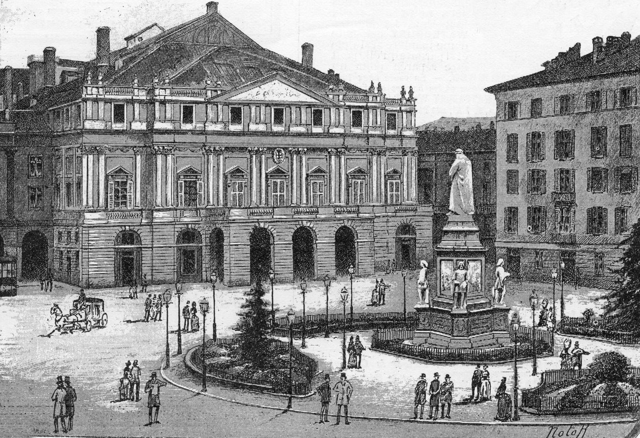 Utsikt över teatern La Scala i Milano, Italien. (Teatro alla Scala Milano) Gravyr i "" The Illustrous World"" av Unknown artist