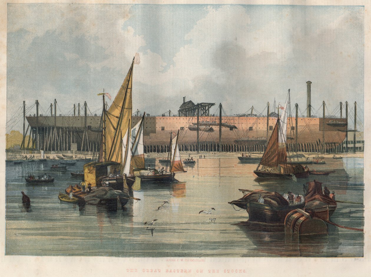 Vy över det transatlantiska linjefartyget "Great Eastern" (Leviathan) under konstruktion på Thames Shipyard i London. Gravyr i "" The illustrated London News "" av den 7 november 1857. av Unknown artist