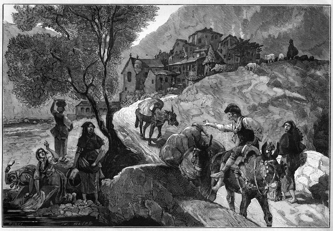 Utsikt över byn Andorra la Vella (Andorra La Vella) i Republiken Andorra och dess invånare Andorrans. Gravyr i "" Le Monde Illustré"" av Unknown artist