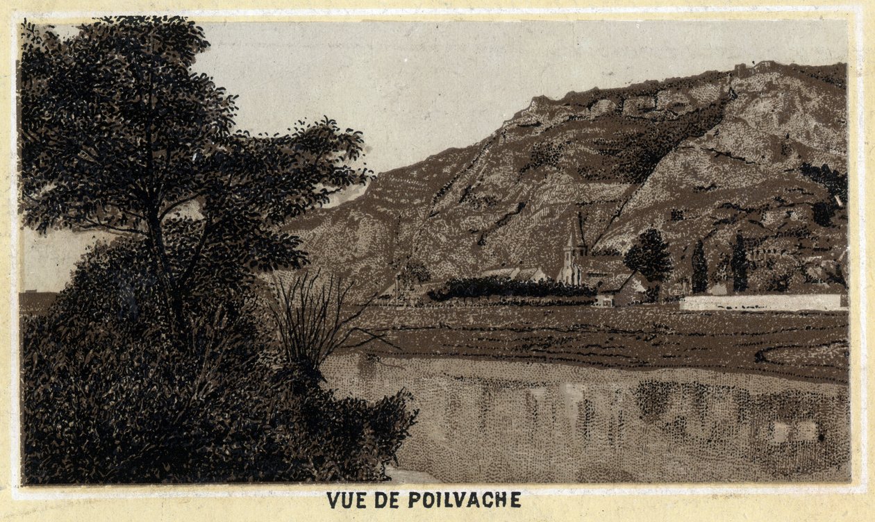 Vy över byn Poilvache, Vallee de la Meuse, Belgien. Kromolitografi från slutet av 1800-talet. av Unknown artist