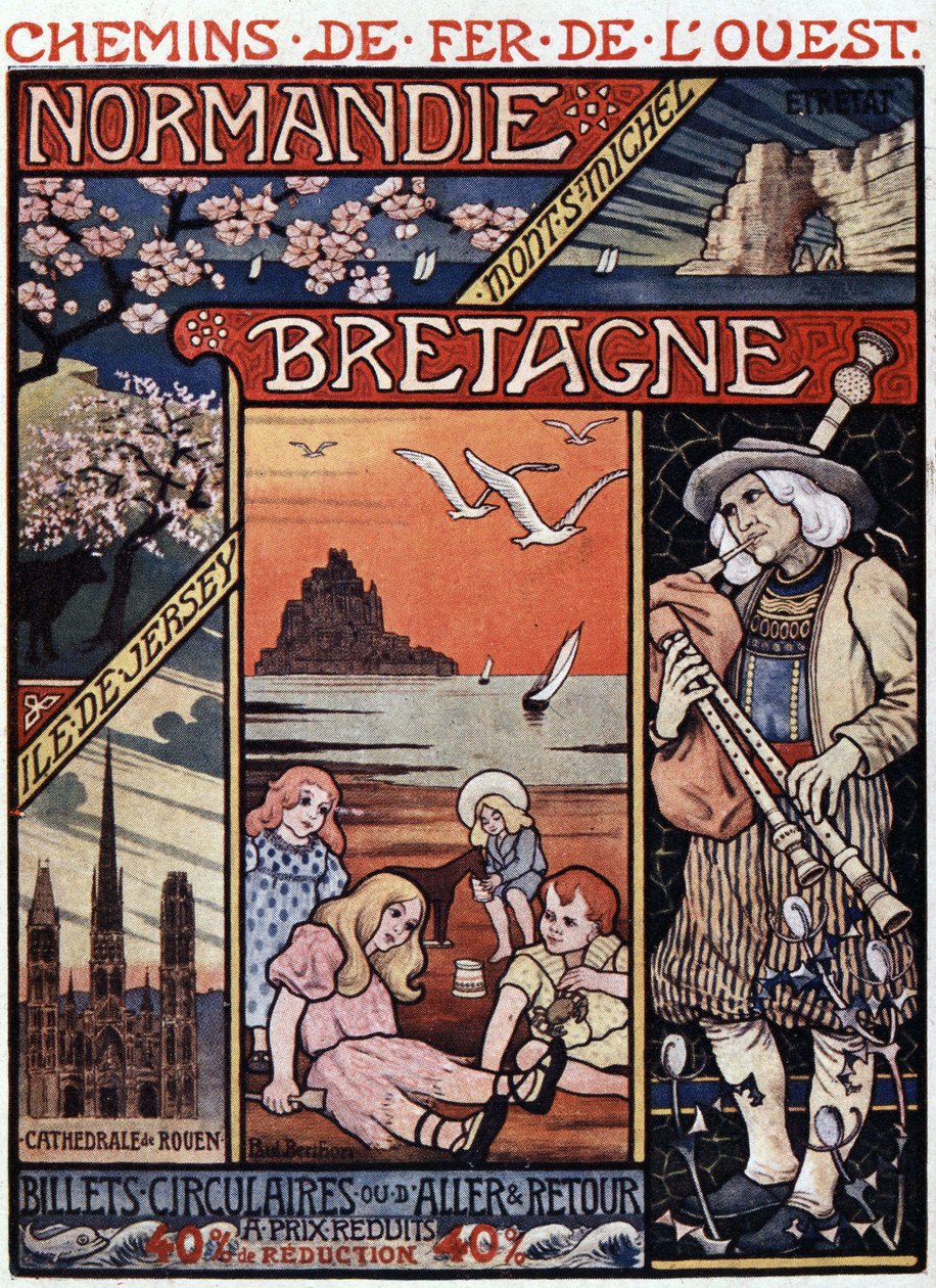 Utsikt över Normandie (Rouen och Etretat) och Bretagne (Mont Saint Michel), barn på stranden och säckpipaspelare - reklamaffisch för Railways de l
