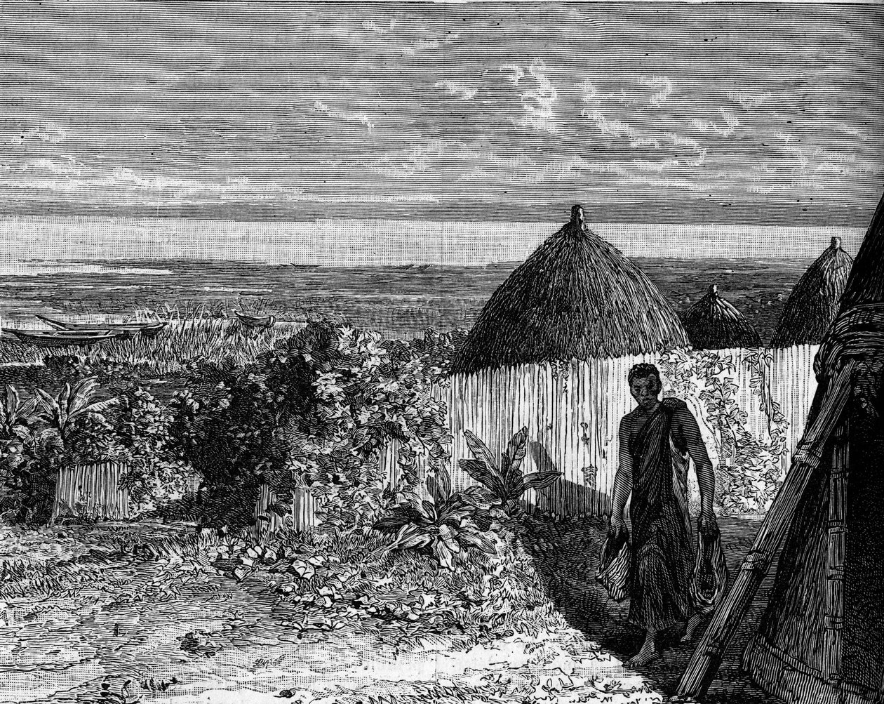 By på stranden av Lake Albert Nyanza (eller Lake Albert), Afrika. Gravyr i "" Le Journal de la jeunesse"" av Unknown artist