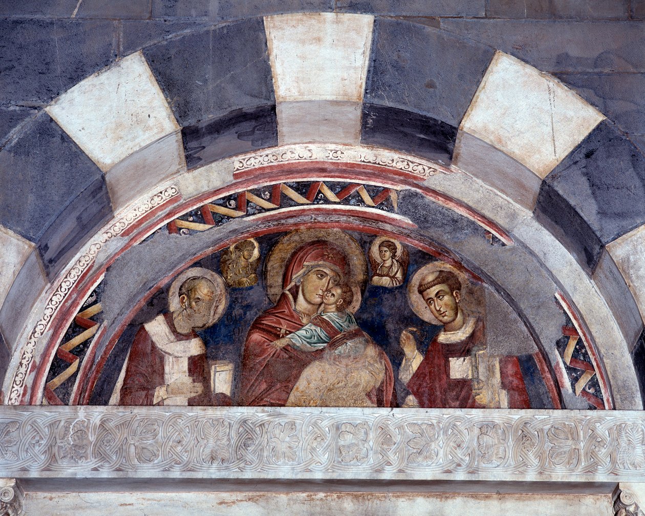 Jungfru mellan St Nicholas och St Lawrence (fresk av Unknown artist