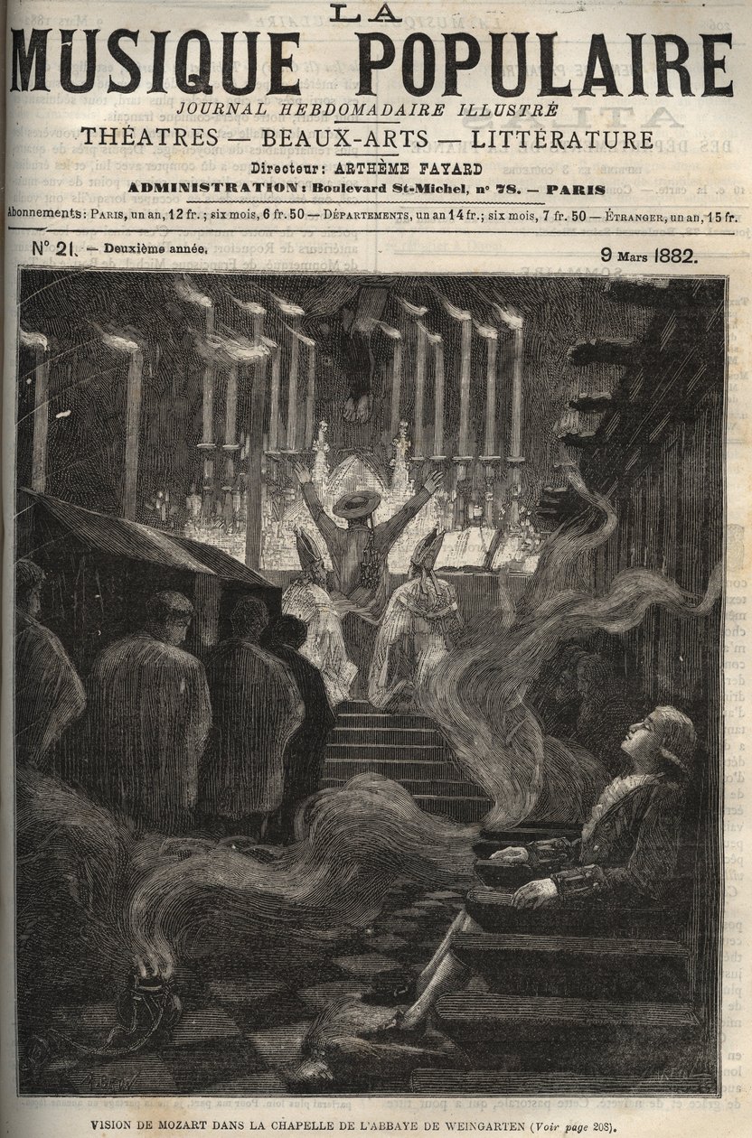 Vision av Wolfgang Amadeus Mozart (1756-1791) i kapellet (stor orgel) i Weingarten Abbey i Tyskland - gravyr i den berömda veckotidningen "" Popular Music """ - 1882 av Unknown artist