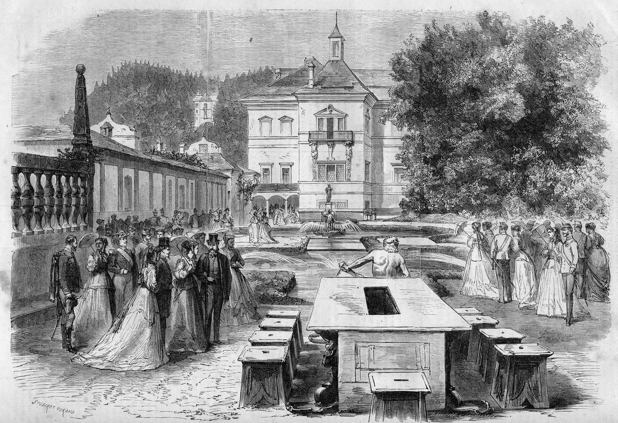 Besök av kejsar Francois-Joseph (1830-1916) och imponerande Elisabeth av Österrike (Sissi) (1837-1898) med Eugenie (1826-1920), imponerad av fransmännen och Napoleon III i kejsarresidensen Hellbrunn i Österrike den 21 augusti av Unknown artist