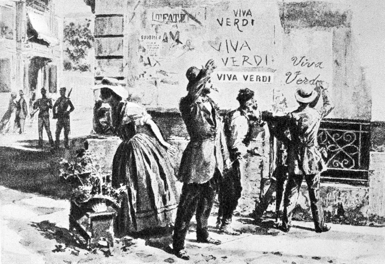 Viva Verdi: Entusiastiska inskriptioner för Giuseppe Verdi i Neapel (de två Siciliens rike) under den österrikiska ockupationen 1859, efter förbudet mot hans opera "Un Ballo in maschera" (V.E.R.D.I. (VERDI) = Vittorio Emanuele Re d