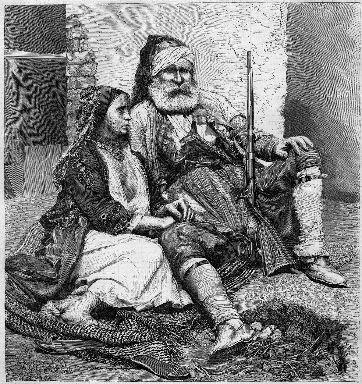 Vlach-typer och kostymer (Palicare och Gypsy). Från ett fotografi av Ch. de Szathmari, från Bukarest. Gravyr i "" Le Monde Illustré"" nr 28 den 24 oktober av Unknown artist