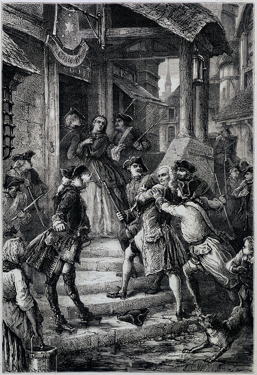 Voltaire (1694 - 1778) arresterad i Frankfurt 1753 på order av den store Fredrik II - i Histoire de France från de mest avlägsna tiderna fram till 1789 av M. Guizot av Unknown artist