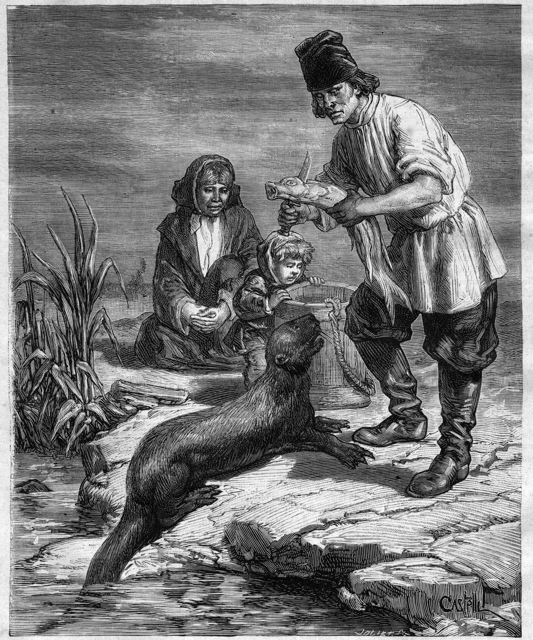 Alphonse Louis Pinarts resa i Nordamerika och Alaska - jakt och fiske i Alaska - gravyr i "Journal des Voyages" från 1884 av Unknown artist