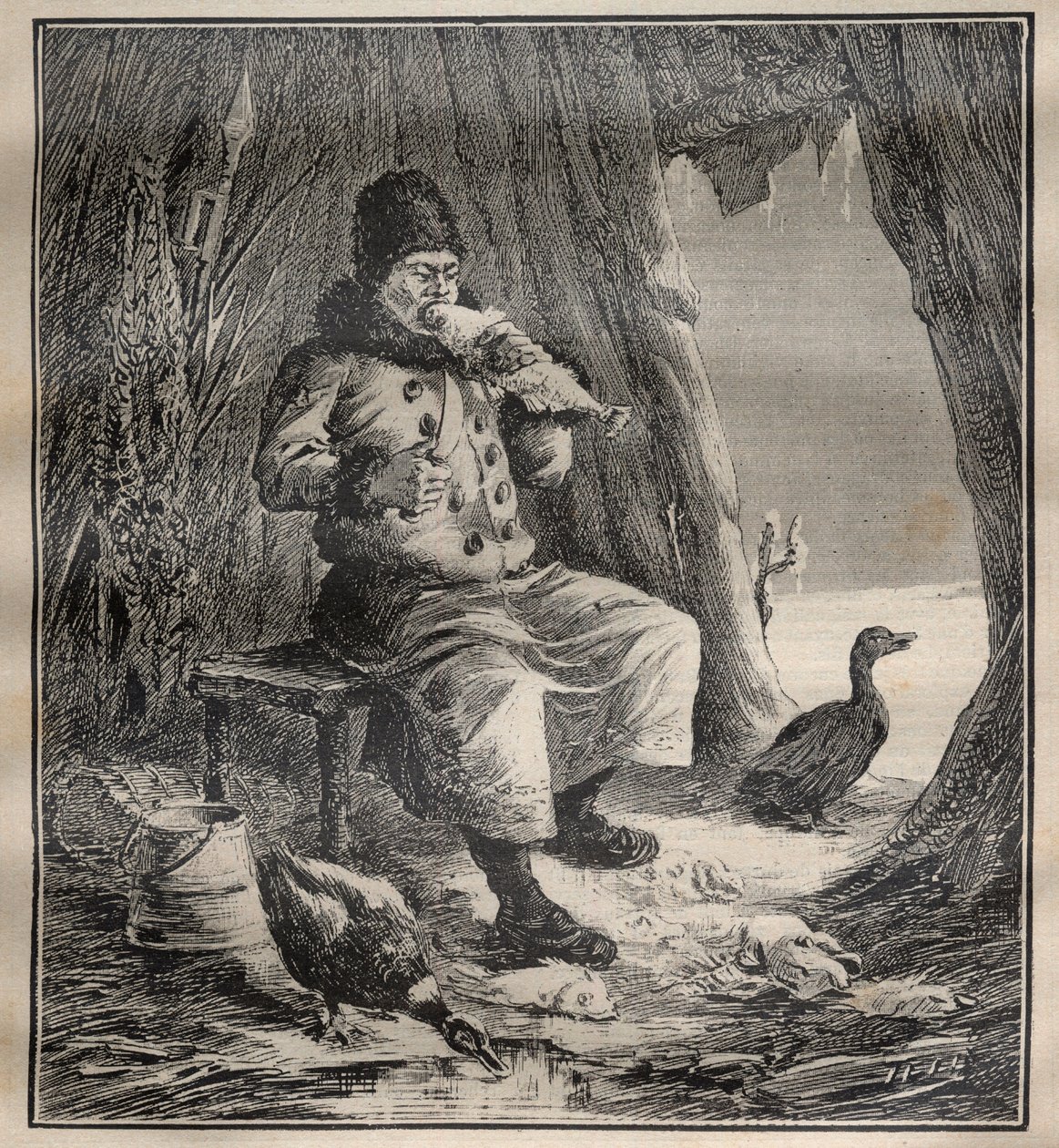 Voyages of Charles Rabot (1856-1944): Ostiak (Khanty eller Khante) från Sibirien som äter fisk - gravyr i ""La Science francaise"" av Unknown artist