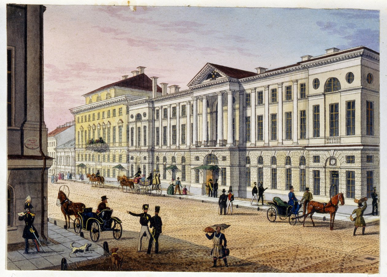 Exteriörvy av Hotel des Postes de Saint Petersburg (Album de Marie Taglioni) (Post Hotel in Saint Petersburg (Album of Marie Taglioni). Anonym etsning och akvarell, 1840-talet. Moskva, A.S. Pushkins statliga museum. av Unknown artist